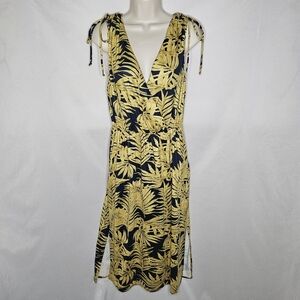 Women Hutch Navy Blue Yellow Palm Leaf Print Tie Shoulder Side Slit Midi Dress S